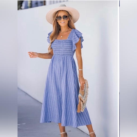 CUPSHE Pinstripe Smocked Maxi Dress - Picture 1 of 5